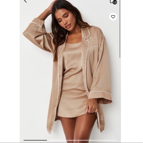 Tan Missguided Script Shirt and Slip Dress Pajama Set - Picture 1 of 3